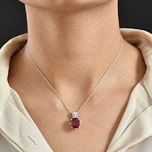 D'Joy Niassa Ruby (FF) and Moissanite 8.00 ctw Crown Pendant Necklace in Rhodium Over Sterling Silver 20 Inches 