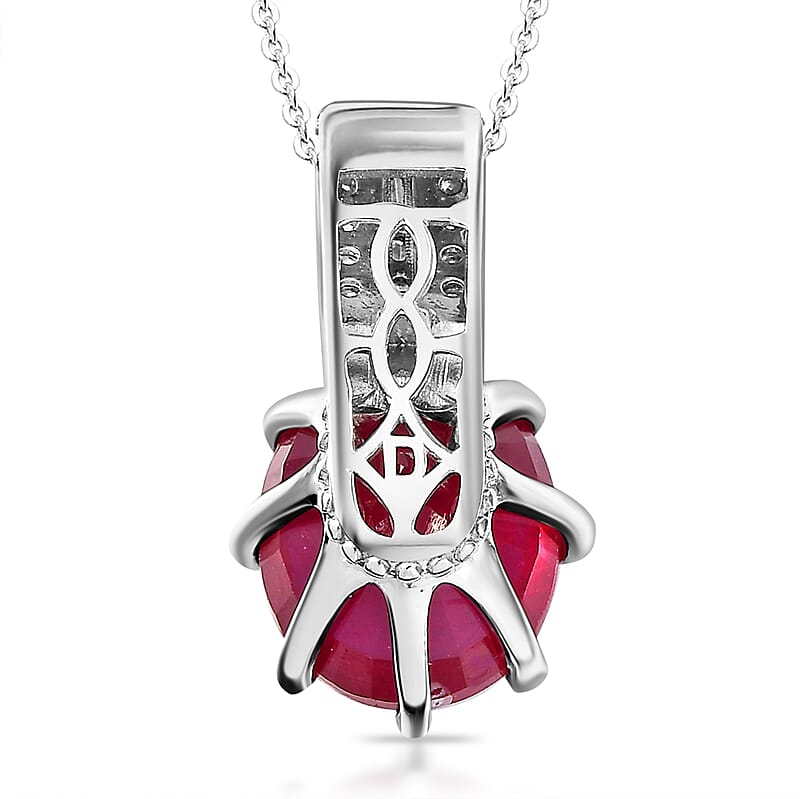 D'Joy Niassa Ruby (FF) and Moissanite 8.00 ctw Crown Pendant Necklace in Rhodium Over Sterling Silver 20 Inches 