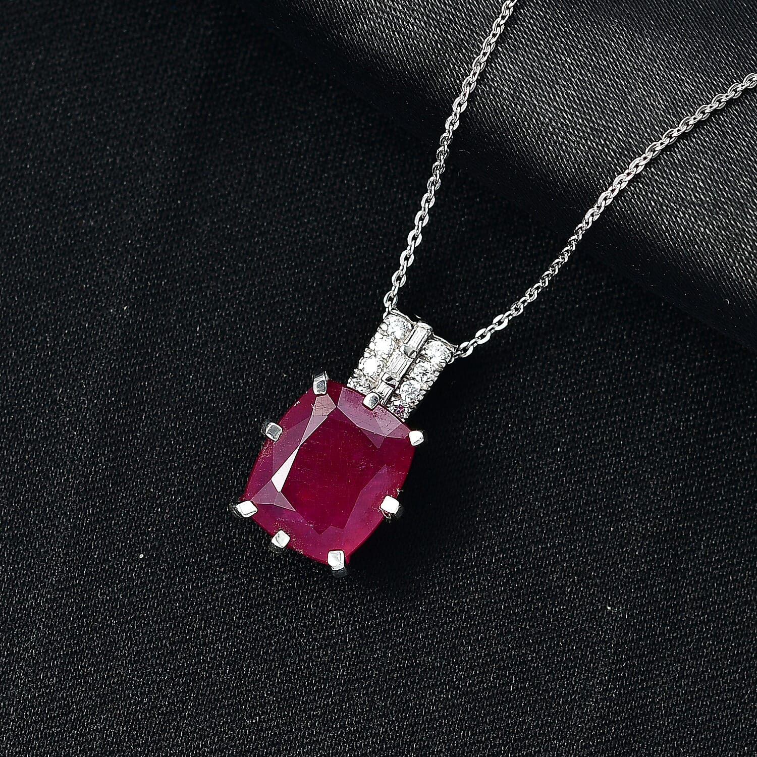 D'Joy Niassa Ruby (FF) and Moissanite 9.15 ctw Crown Pendant Necklace in Rhodium Over Sterling Silver 20 Inches