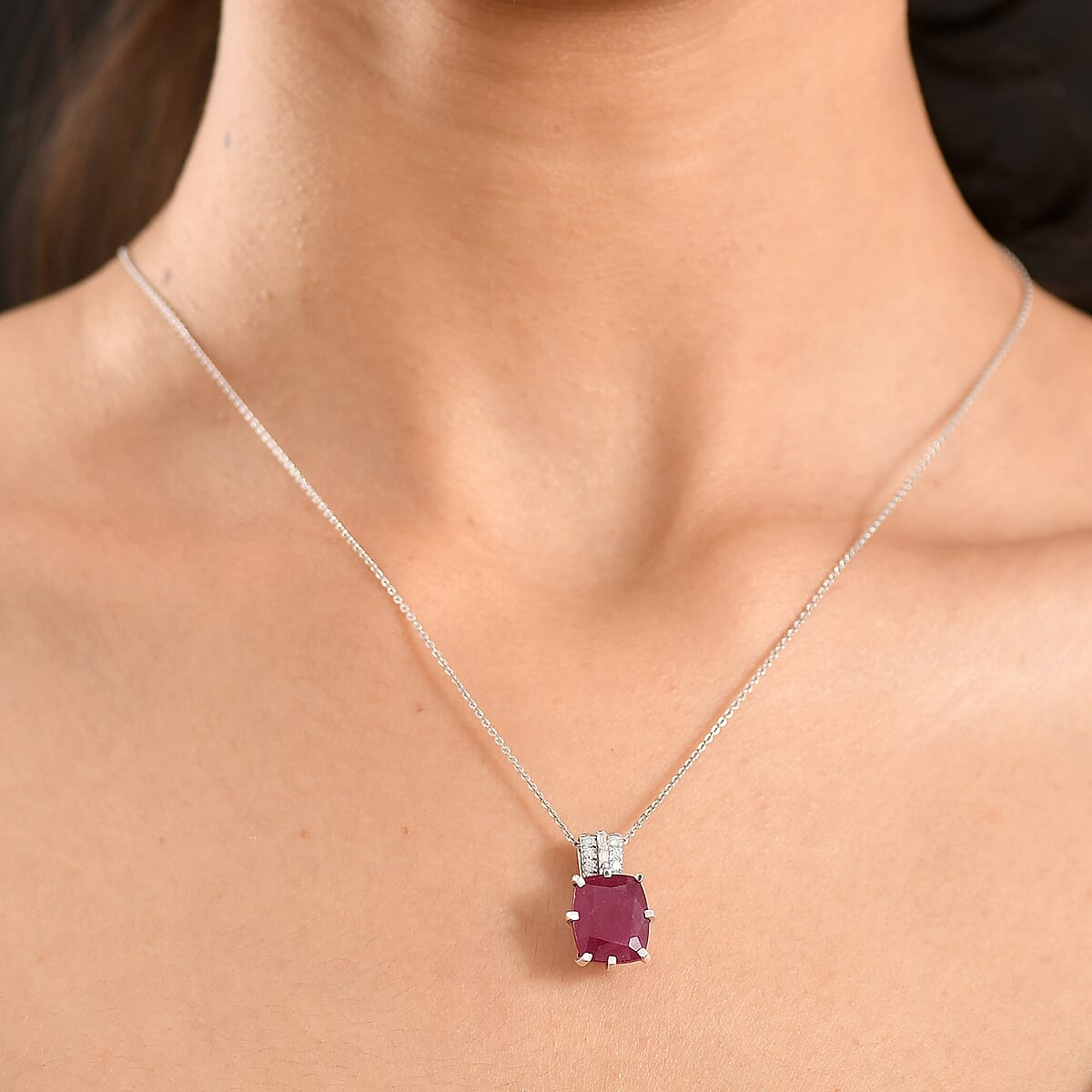 D'Joy Niassa Ruby (FF) and Moissanite 9.15 ctw Pendant Necklace in Rhodium Over Sterling Silver 20 Inches  image number 2