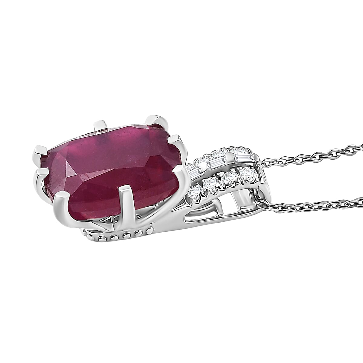 D'Joy Niassa Ruby (FF) and Moissanite 9.15 ctw Crown Pendant Necklace in Rhodium Over Sterling Silver 20 Inches