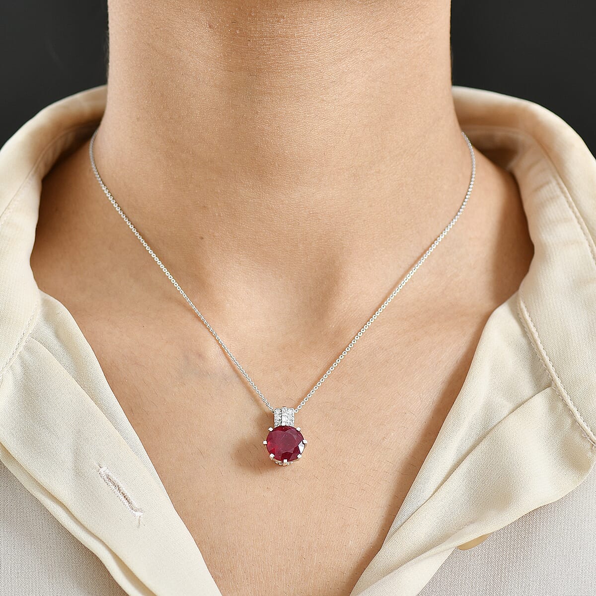 D'Joy Niassa Ruby (FF) and Moissanite 7.80 ctw Crown Pendant Necklace in Rhodium Over Sterling Silver 20 Inches  image number 2