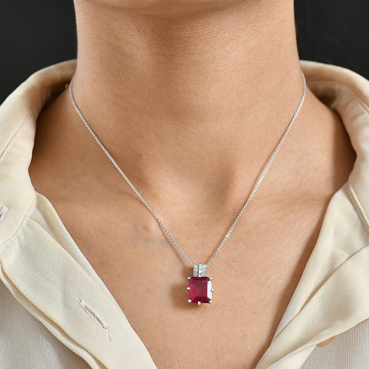 D'Joy Niassa Ruby (FF) and Moissanite 8.50 ctw Crown Pendant Necklace in Rhodium Over Sterling Silver 20 Inches  image number 2