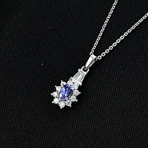 D'Joy AAA Tanzanite, Moissanite Starburst Pendant Necklace in Rhodium Over Sterling Silver 0.60 ctw (20 Inches)