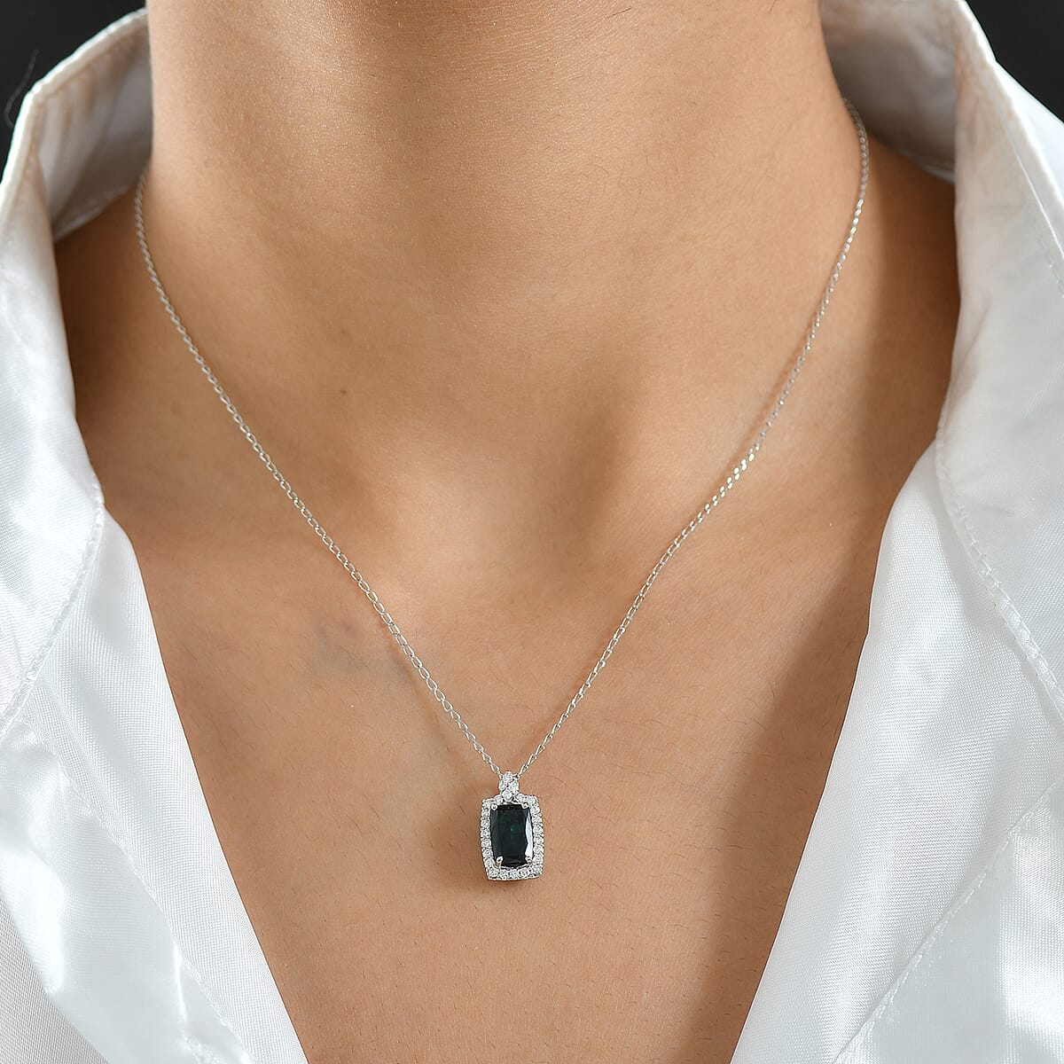 Certified & Appraised Rhapsody AAAA Monte Belo Indicolite and E-F VS Diamond 2.00 ctw Pendant Necklace in 950 Platinum 20 Inches image number 2