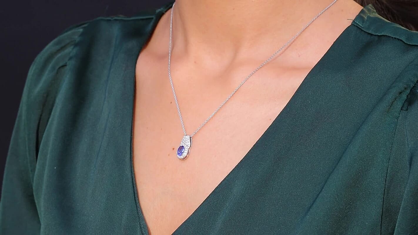 D'Joy AAA Tanzanite, Moissanite Pendant Necklace in Rhodium Over Sterling Silver 1.10 ctw (20 Inches)