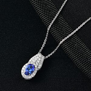 D'Joy AAA Tanzanite, Moissanite Pendant Necklace in Rhodium Over Sterling Silver 1.10 ctw (20 Inches)