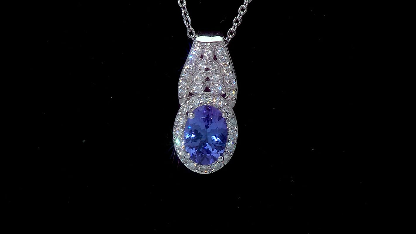 D'Joy AAA Tanzanite, Moissanite Pendant Necklace in Rhodium Over Sterling Silver 1.10 ctw (20 Inches)