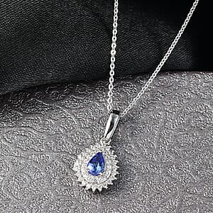 D'Joy AAA Tanzanite, White Zircon Drop Pendant Necklace in Rhodium Over Sterling Silver 0.80 ctw (20 Inches)
