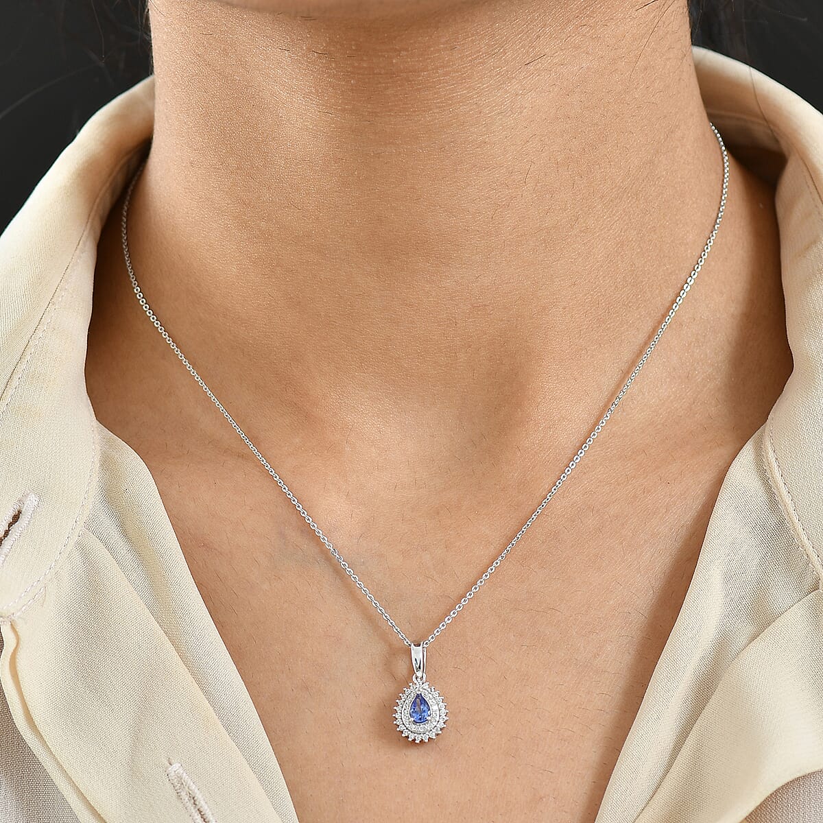 D'Joy AAA Tanzanite and White Zircon 0.80 ctw Twilight Drop Pendant Necklace in Rhodium Over Sterling Silver 20 Inches image number 2
