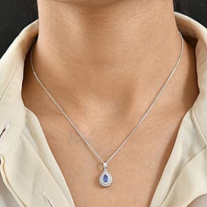 D'Joy AAA Tanzanite, White Zircon Drop Pendant Necklace in Rhodium Over Sterling Silver 0.80 ctw (20 Inches)