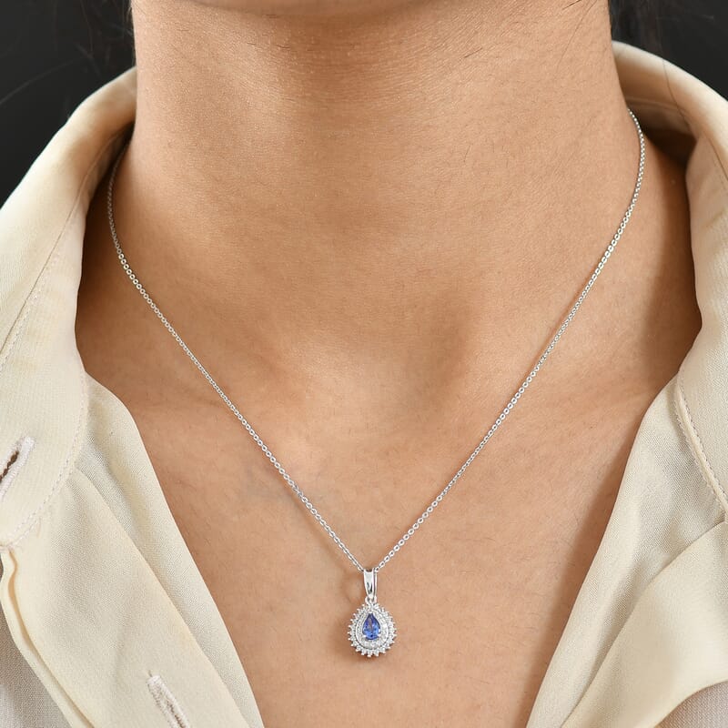 D'Joy AAA Tanzanite, White Zircon Drop Pendant Necklace in Rhodium Over Sterling Silver 0.80 ctw (20 Inches)