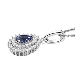 D'Joy AAA Tanzanite, White Zircon Drop Pendant Necklace in Rhodium Over Sterling Silver 0.80 ctw (20 Inches)