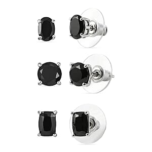D'Joy Thai Black Spinel 7.65 ctw Set of 3 Solitaire Stud Earrings in Rhodium Over Sterling Silver