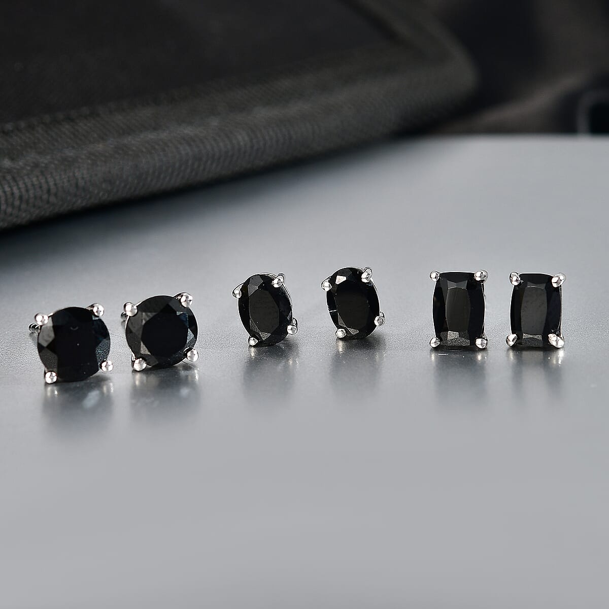 D'Joy Thai Black Spinel 7.65 ctw Set of 3 Solitaire Stud Earrings in Rhodium Over Sterling Silver image number 1