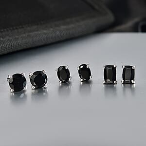 D'Joy Thai Black Spinel 7.65 ctw Set of 3 Solitaire Stud Earrings in Rhodium Over Sterling Silver