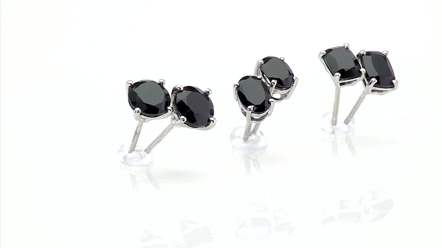 D'Joy Thai Black Spinel 7.65 ctw Set of 3 Solitaire Stud Earrings in Rhodium Over Sterling Silver