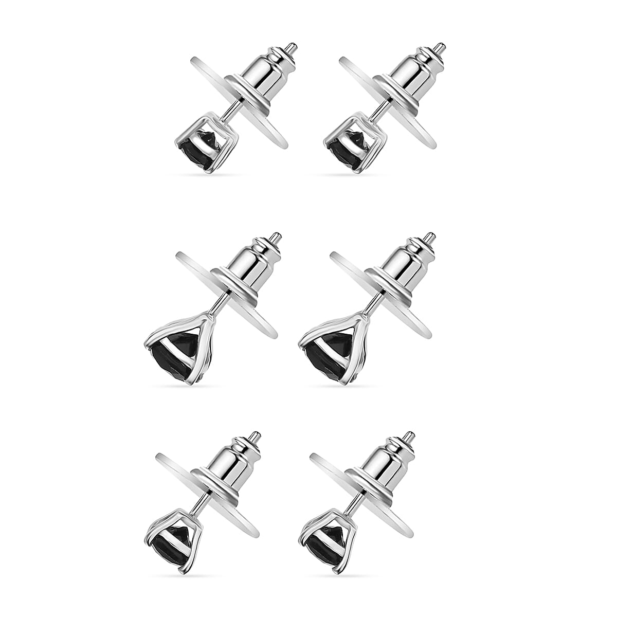 D'Joy Thai Black Spinel 7.65 ctw Set of 3 Solitaire Stud Earrings in Rhodium Over Sterling Silver image number 3