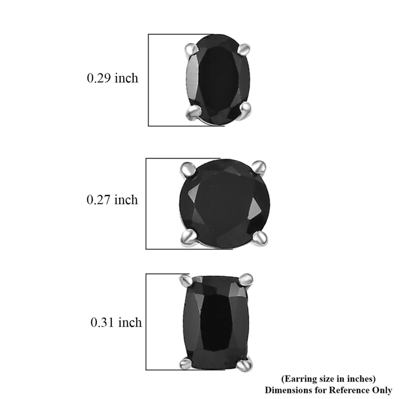 D'Joy Thai Black Spinel 7.65 ctw Set of 3 Solitaire Stud Earrings in Rhodium Over Sterling Silver