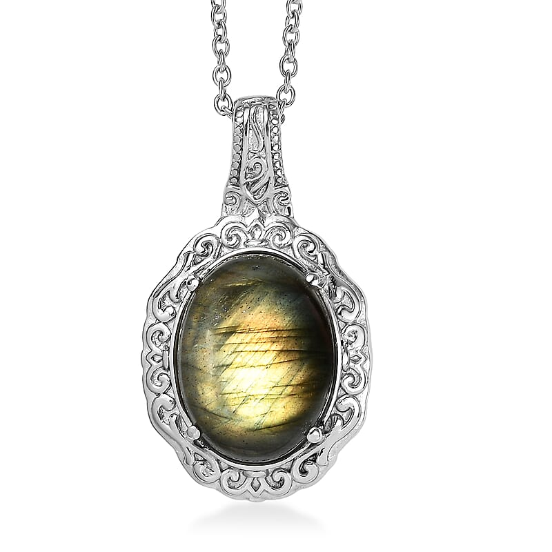 EverTrue Malagasy Labradorite 10.30 ctw Pendant Necklace in Stainless Steel 20 Inches