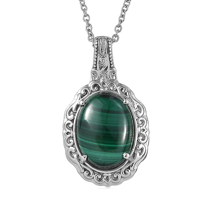 EverTrue African Malachite 12.90 ctw Pendant Necklace in Stainless Steel 20 Inches