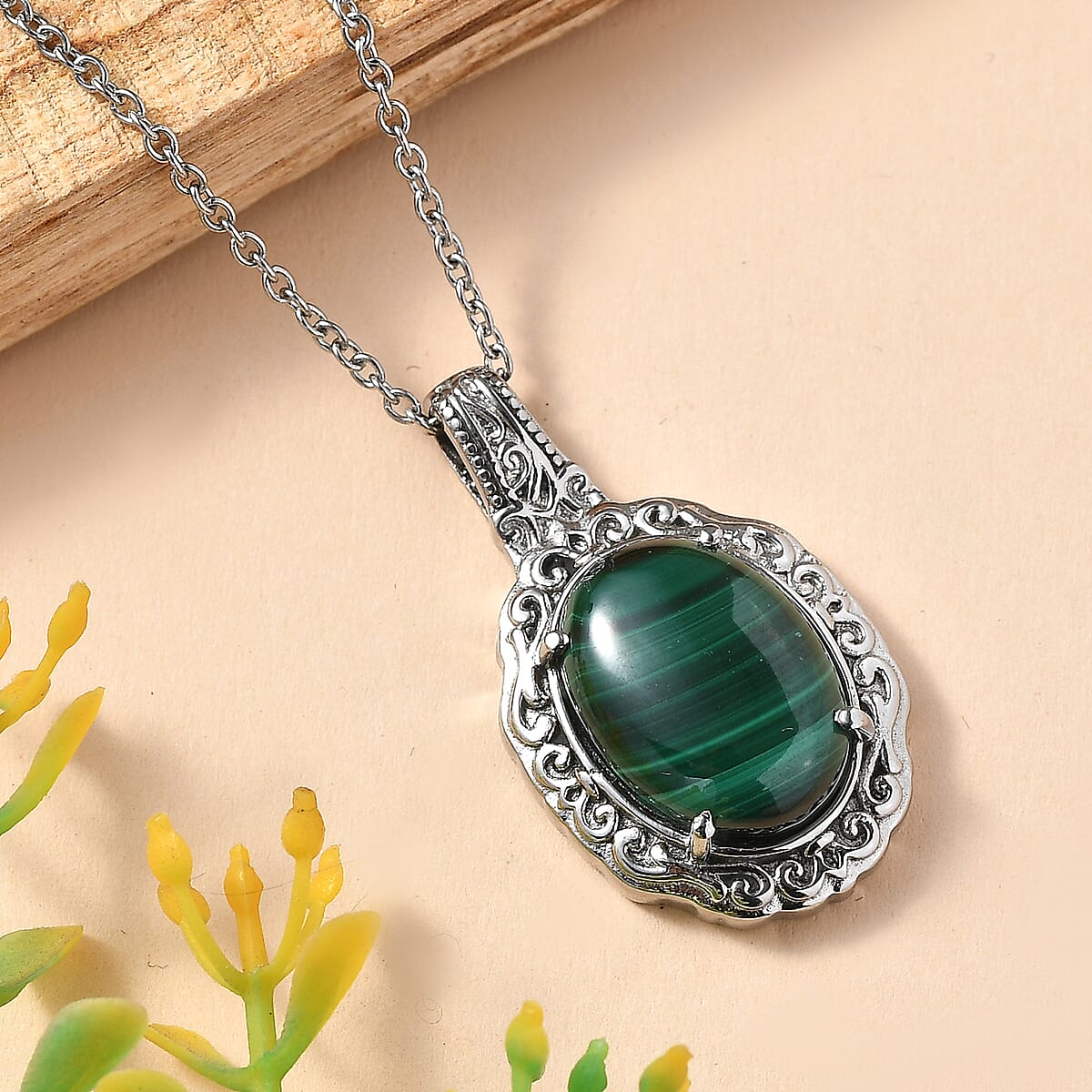 EverTrue African Malachite 12.90 ctw Pendant Necklace in Stainless Steel 20 Inches  image number 1