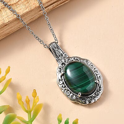 EverTrue African Malachite 12.90 ctw Pendant Necklace in Stainless Steel 20 Inches