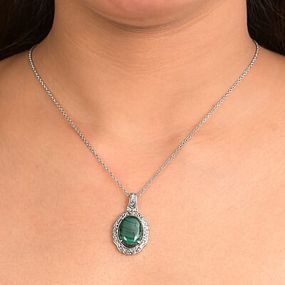EverTrue African Malachite 12.90 ctw Pendant Necklace in Stainless Steel 20 Inches