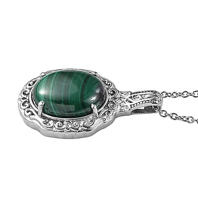 EverTrue African Malachite 12.90 ctw Pendant Necklace in Stainless Steel 20 Inches