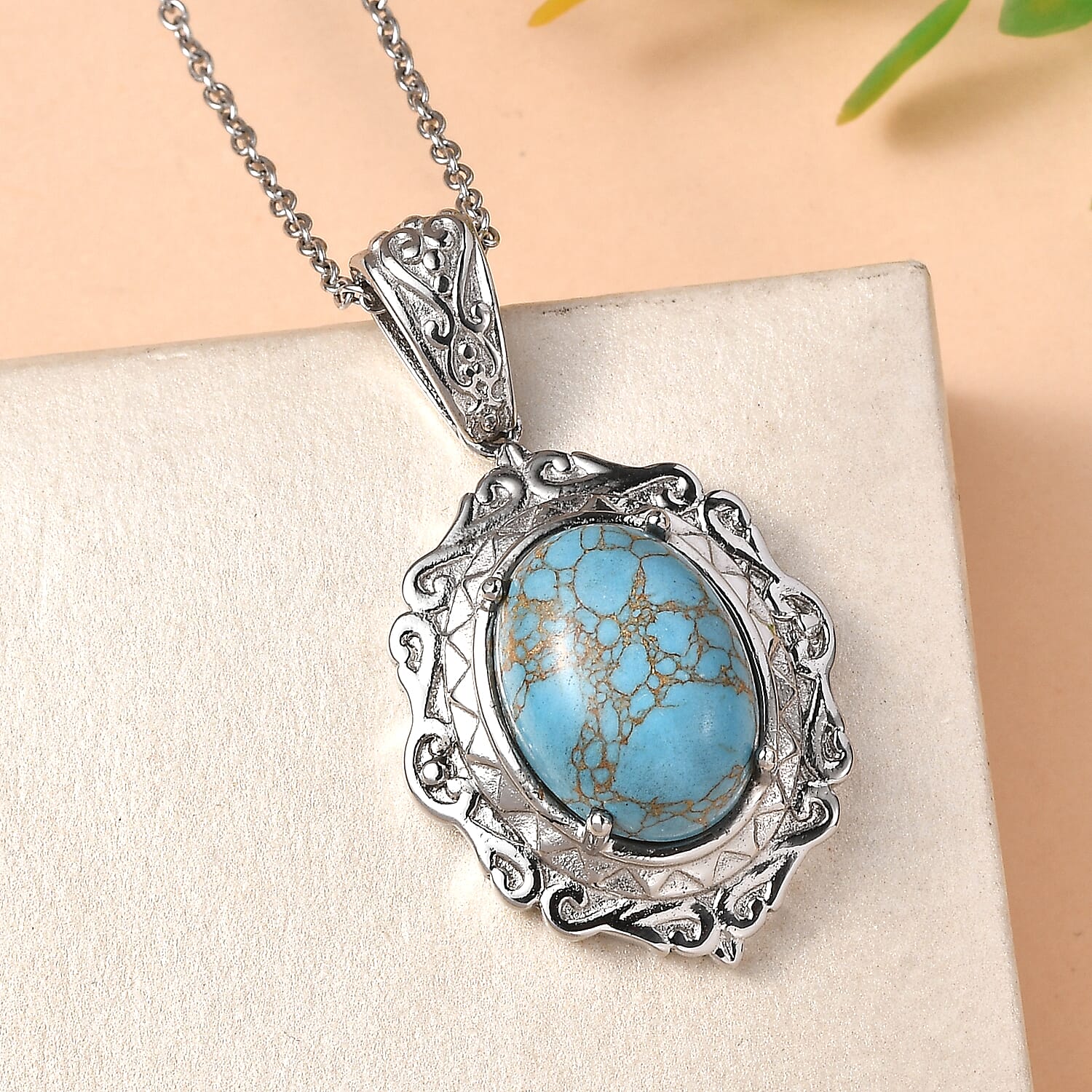 EverTrue Mojave Blue Turquoise 8.60 ctw Pendant Necklace in Stainless Steel 20 Inches