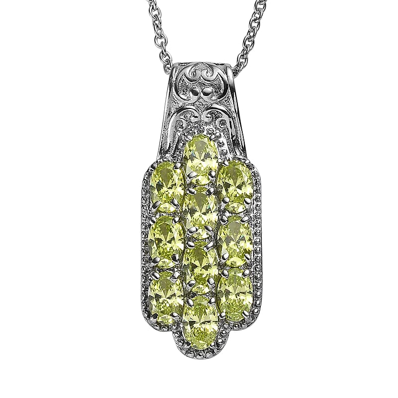 Simulated Lime Diamond Pendant Necklace in Stainless Steel 20 Inches