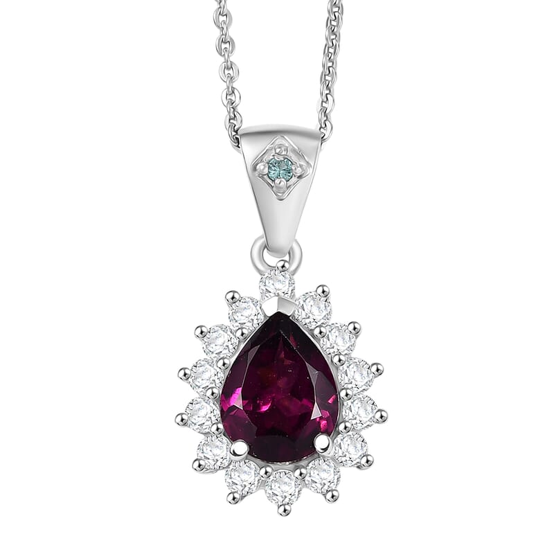  D'Joy Premium Radiant Ember Garnet and Multi Gemstone 1.90 ctw Crown Drop Pendant Necklace in Rhodium Over Sterling Silver 20 Inches