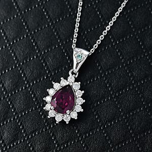 Doorbuster D'Joy Premium Radiant Ember Garnet and Multi Gemstone 1.90 ctw Crown Drop Pendant Necklace in Rhodium Over Sterling Silver 20 Inches