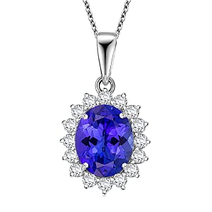 AAAA Tanzanite and Diamond E-F VS 4.50 ctw Floral Pendant in 950 Palladium and 10K White Gold Necklace 20 Inches (Del. in 10-12 Days) 