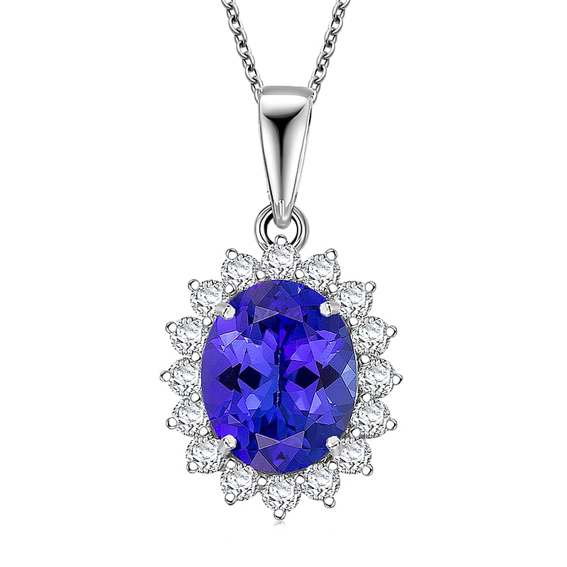 AAAA Tanzanite, Diamond Floral Pendant Necklace in 950 Palladium and 10K White Gold 4.50 ctw (20 Inches)