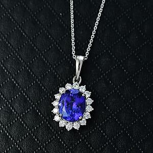 AAAA Tanzanite, Diamond Floral Pendant Necklace in 950 Palladium and 10K White Gold 4.50 ctw (20 Inches)