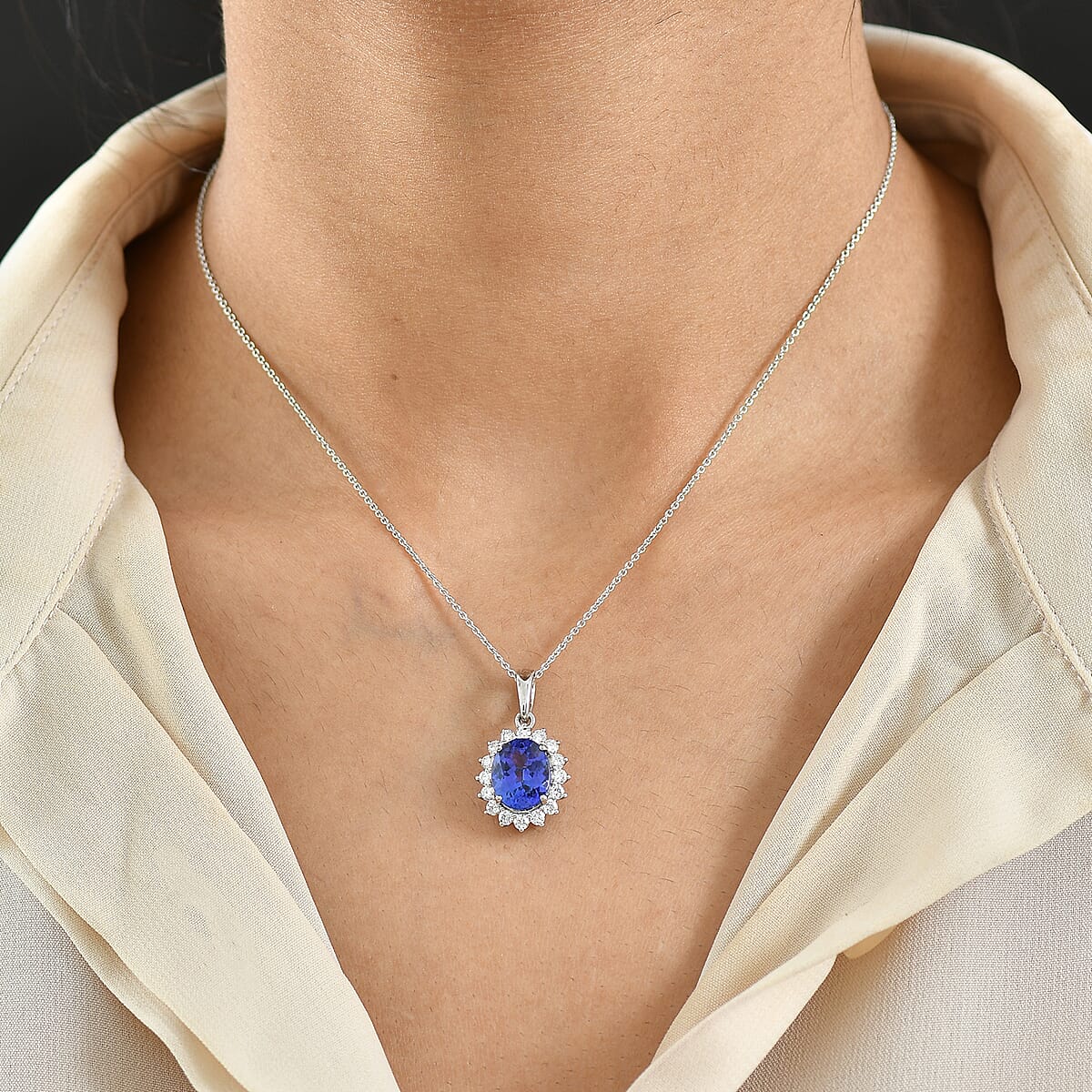 AAAA Tanzanite, Diamond Floral Pendant Necklace in 950 Palladium and 10K White Gold 4.50 ctw (20 Inches) image number 2
