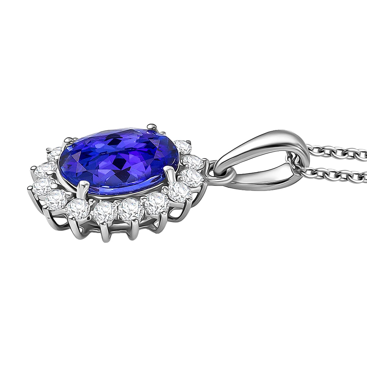 AAAA Tanzanite, Diamond Floral Pendant Necklace in 950 Palladium and 10K White Gold 4.50 ctw (20 Inches) image number 3