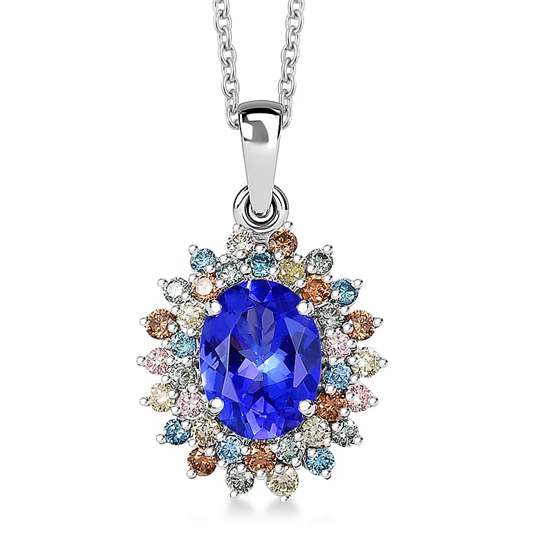 AAA Tanzanite, Lab Grown Multi Diamond Bloom Pendant Necklace in 10K White Gold 2.20 ctw (20 Inches)