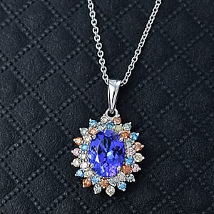 AAA Tanzanite, Lab Grown Multi Diamond Bloom Pendant Necklace in 10K White Gold 2.20 ctw (20 Inches) (Del. in 5-7 Days)