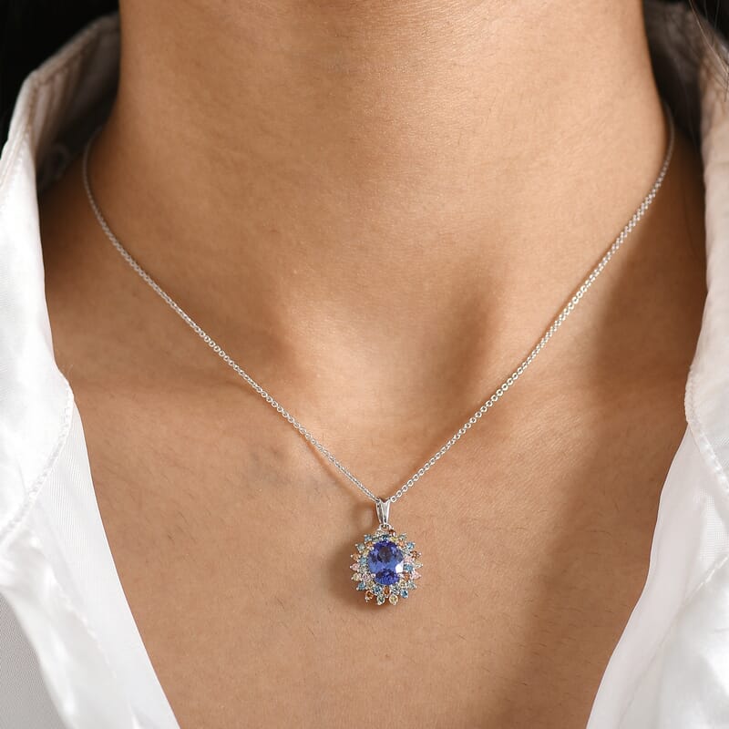AAA Tanzanite, Lab Grown Multi Diamond Bloom Pendant Necklace in 10K White Gold 2.20 ctw (20 Inches)