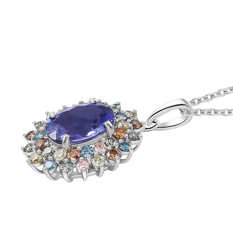 AAA Tanzanite, Lab Grown Multi Diamond Bloom Pendant Necklace in 10K White Gold 2.20 ctw (20 Inches)