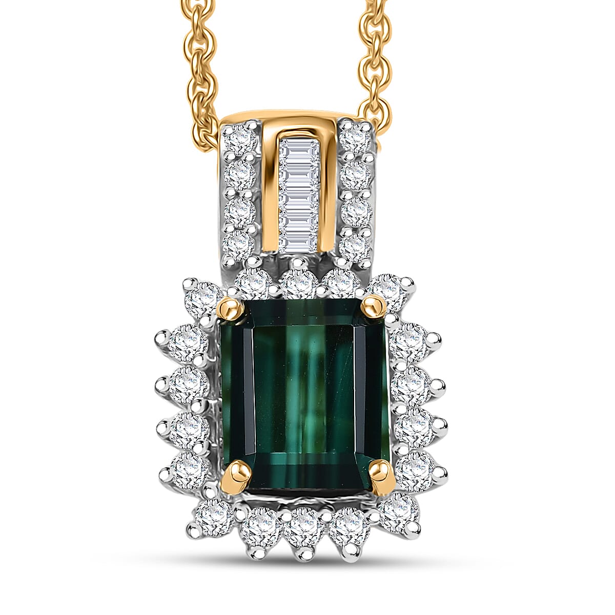 Doorbuster Luxoro AAAA Monte Belo Indicolite and I2 Diamond 1.30 ctw Royal Elegance Pendant Necklace 20 Inches in 14K Yellow Gold  image number 0