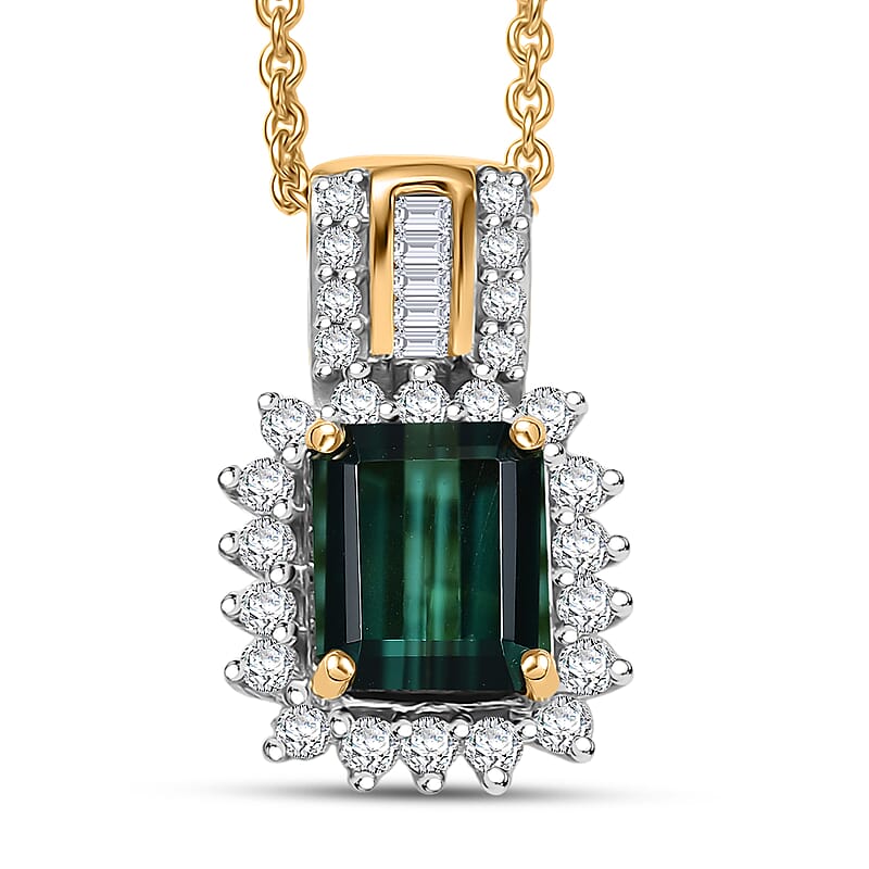 Luxoro AAAA Monte Belo Indicolite and I2 Diamond 1.30 ctw Royal Elegance Pendant Necklace 20 Inches in 14K Yellow Gold