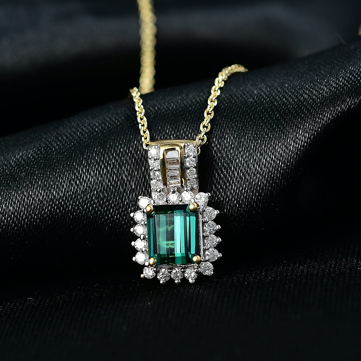 Doorbuster Luxoro AAAA Monte Belo Indicolite and I2 Diamond 1.30 ctw Royal Elegance Pendant Necklace 20 Inches in 14K Yellow Gold  image number 1