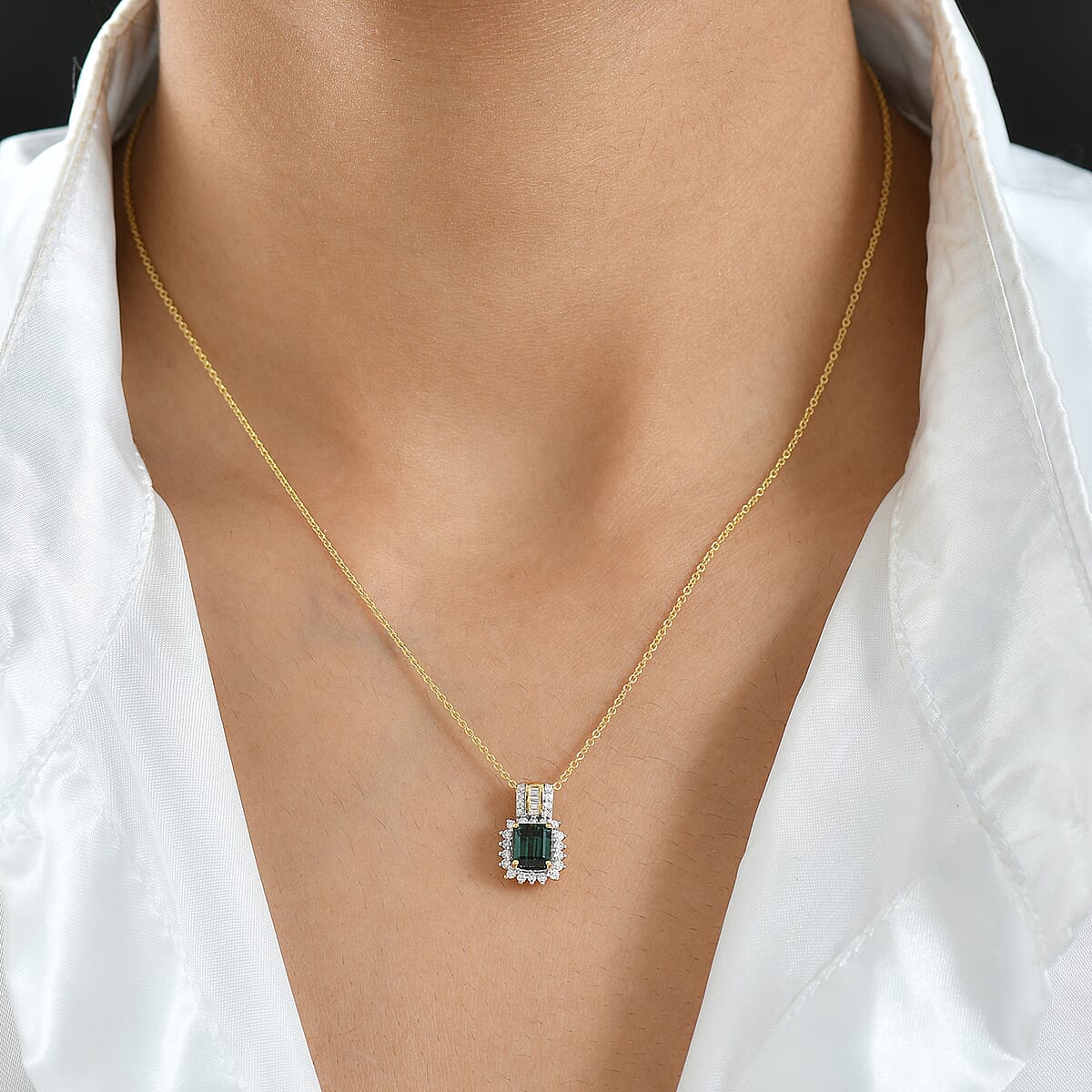 Doorbuster Luxoro AAAA Monte Belo Indicolite and I2 Diamond 1.30 ctw Royal Elegance Pendant Necklace 20 Inches in 14K Yellow Gold  image number 2