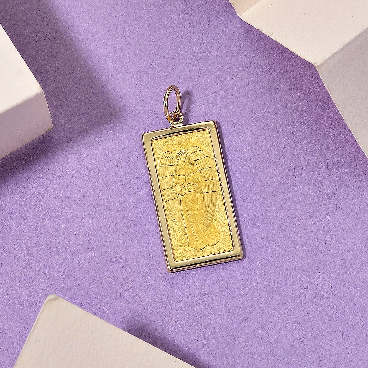Doorbuster 24K Golden Angel Blessings Ingot 1g with 14K Yellow Gold Frame 0.40g Pendant image number 1