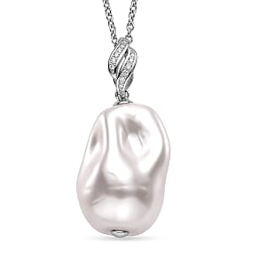 EverTrue White Shell Pearl and Simulated Diamond Pendant in Silvertone with Stainless Steel Necklace 20 Inches 