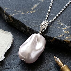 EverTrue White Shell Pearl and Simulated Diamond Pendant in Silvertone with Stainless Steel Necklace 20 Inches 