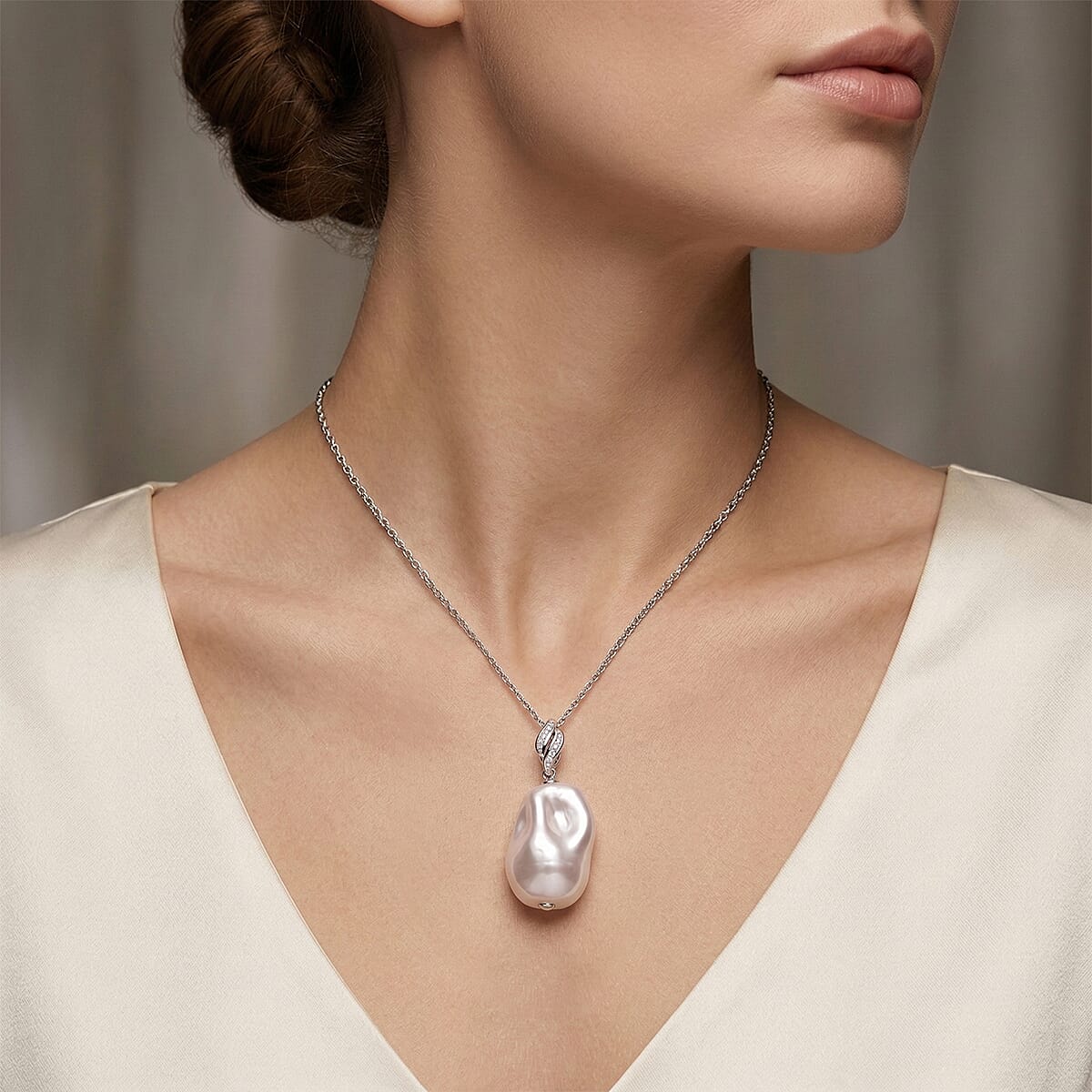 EverTrue White Shell Pearl and Simulated Diamond Pendant in Silvertone with Stainless Steel Necklace 20 Inches  image number 2